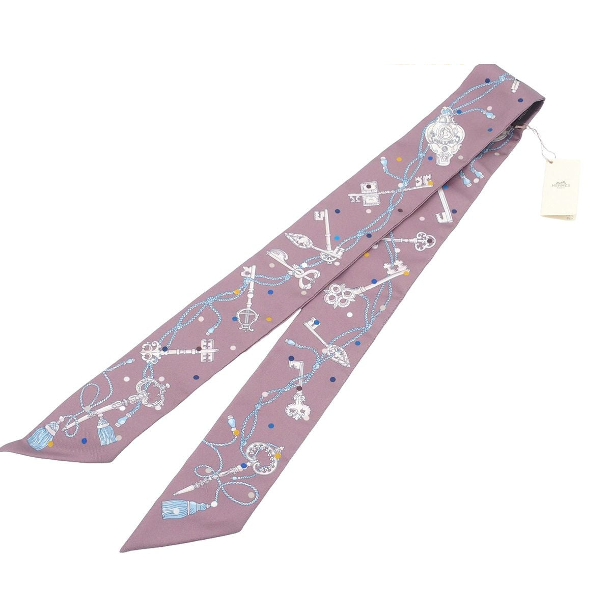 Hermes Twilly Brown Glacier Gray Silk les Clair les Cles a Pois Scarf