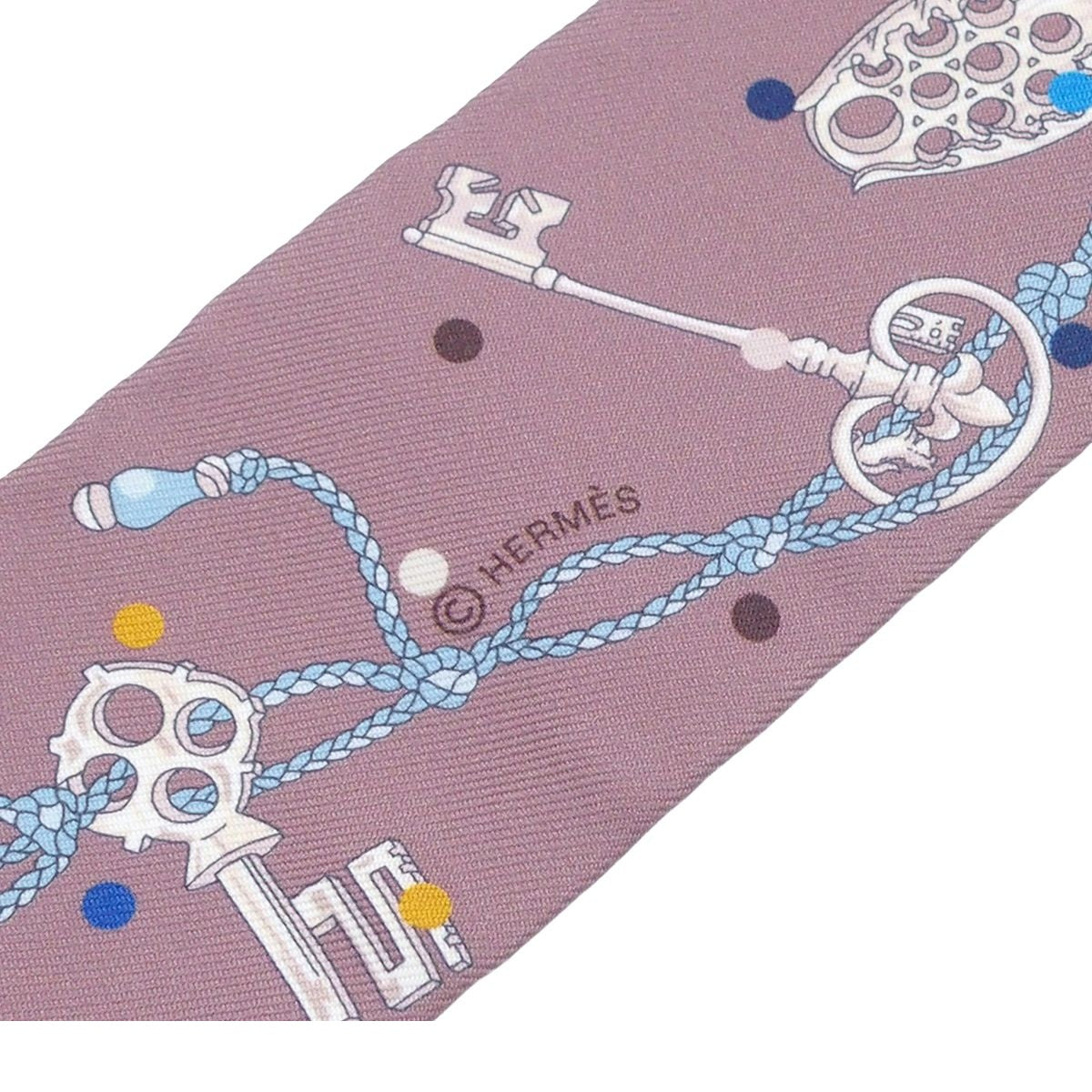 Hermes Twilly Brown Glacier Gray Silk les Clair les Cles a Pois Scarf — view 4