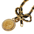 Chanel Vintage Coin Ribbon Gold Black Plated Leather Rhinestone