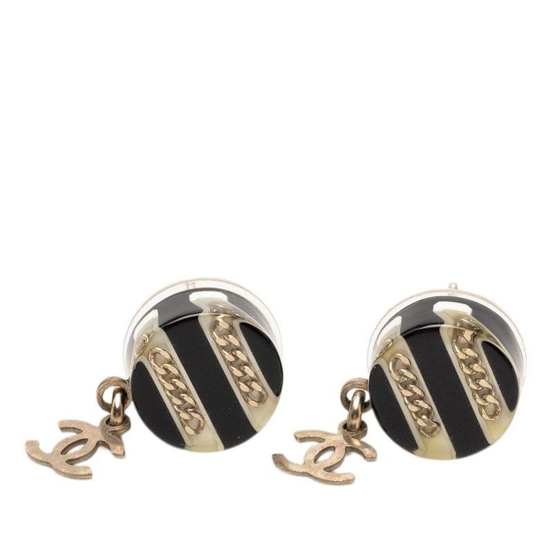 Chanel CC Logo Chain Border Earrings Gold Black Plated Plastic