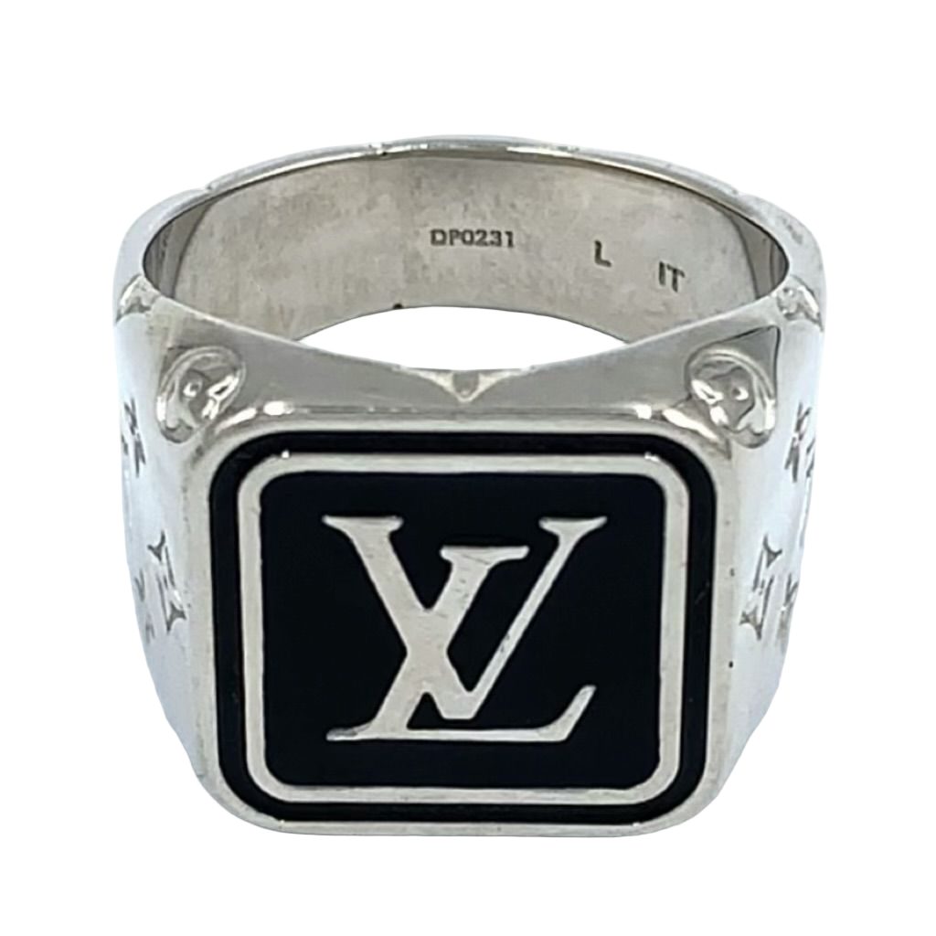 Louis Vuitton Bague Signature LV Metal Enamel Silver Black Ring