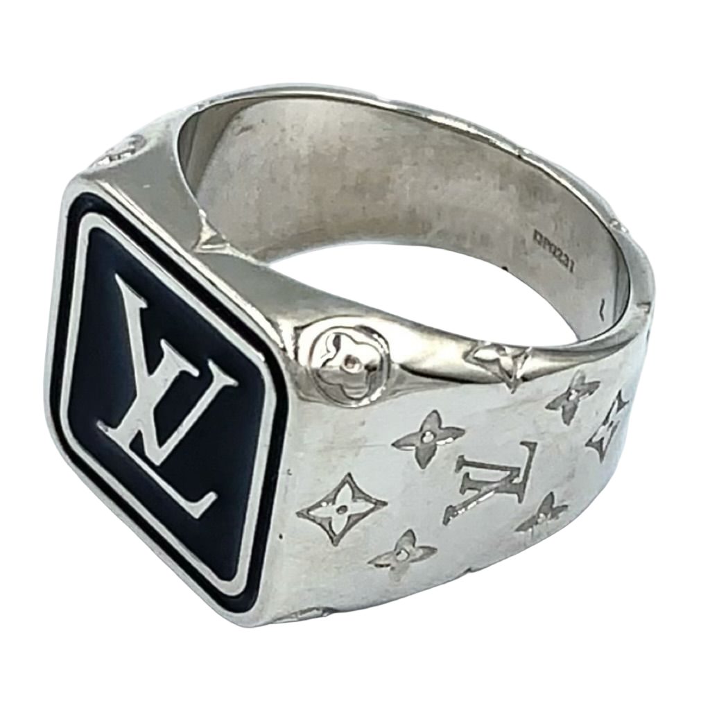 Louis Vuitton Bague Signature LV Metal Enamel Silver Black Ring — view 2