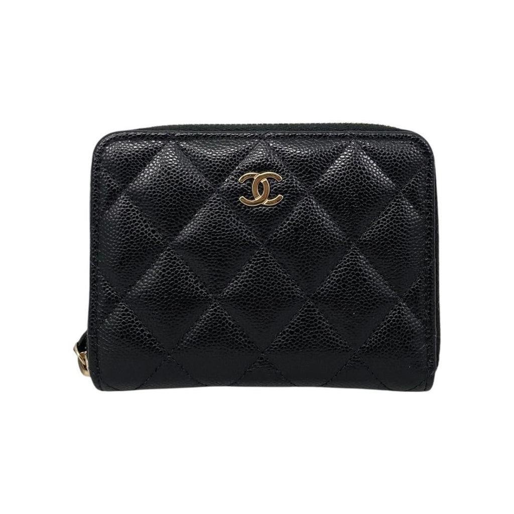 Chanel Bifold Wallet Small Zip Quilted Caviar Leather CC Logo