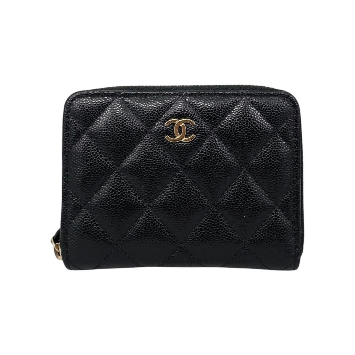Chanel Bifold Wallet Small Zip Quilted Caviar Leather CC Logo