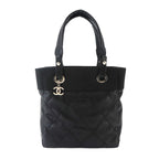 Chanel Paris Biarritz PM Tote Nylon Leather Black Silver