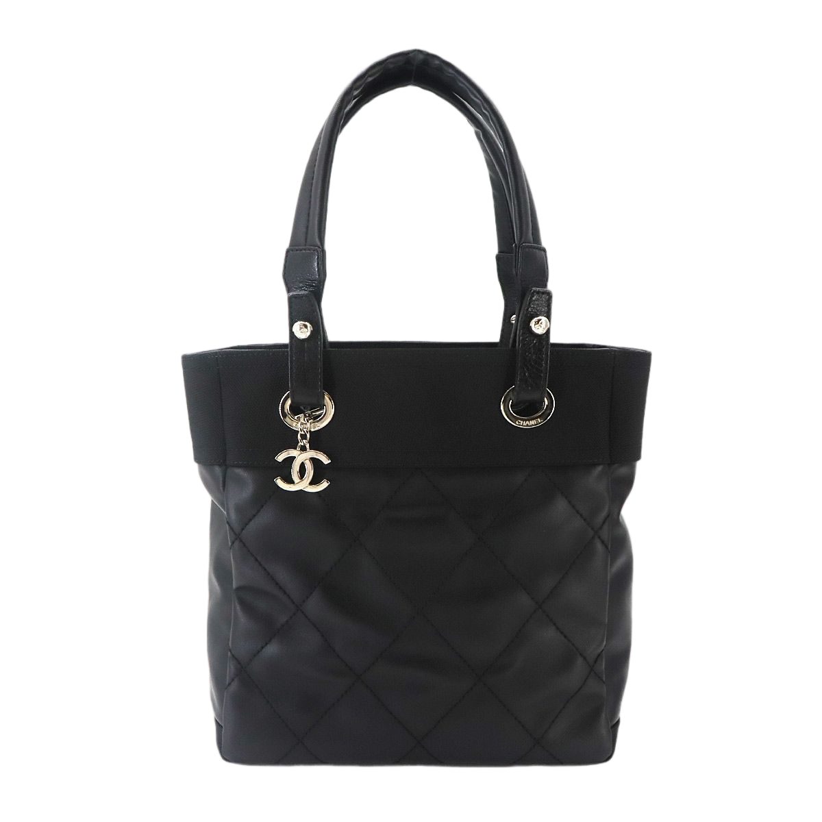 Chanel Paris Biarritz PM Tote Nylon Leather Black Silver