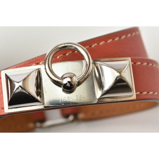 Hermes Bangle Bracelet Rival Doubletour Pink Brownish Silver XS Size — view 5
