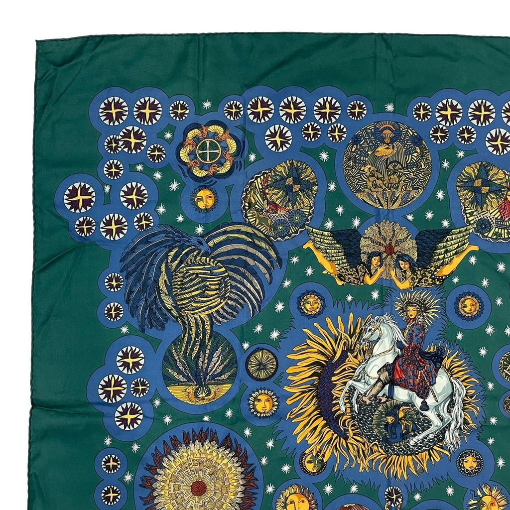 Hermes Carre 90 Scarf le Roy Soleil Sun King 100% Silk Green — view 2