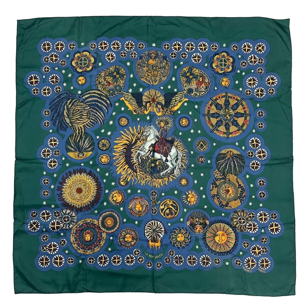 Hermes Carre 90 Scarf le Roy Soleil Sun King 100% Silk Green