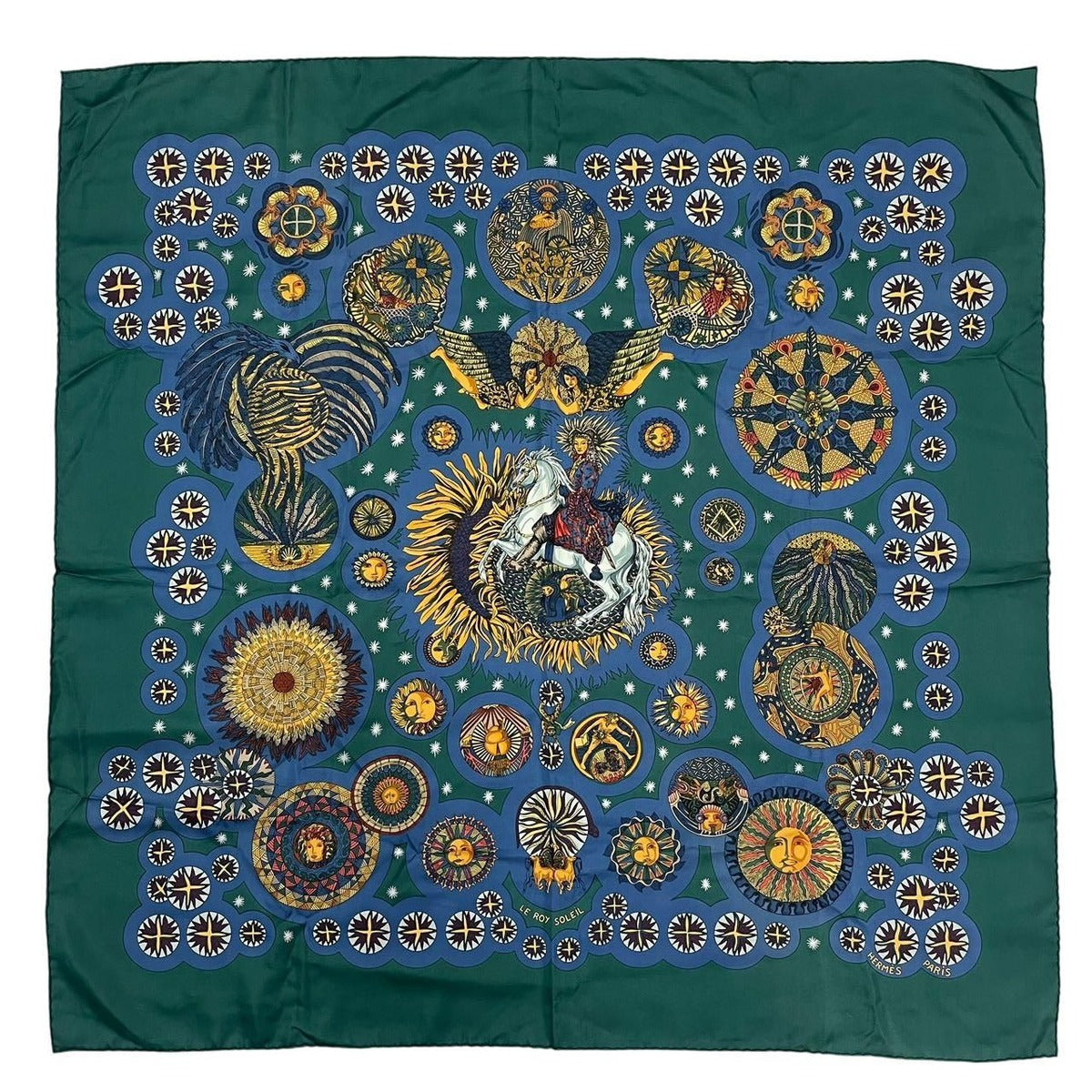 Hermes Carre 90 Scarf le Roy Soleil Sun King 100% Silk Green