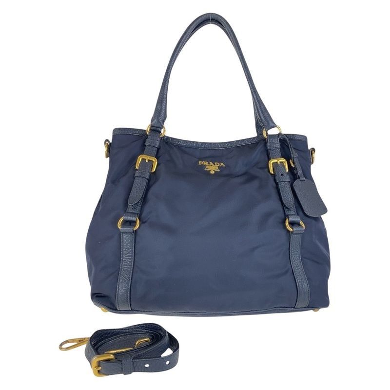 Prada Navy Gold Hardware Nylon Leather Shoulder Bag Handbag