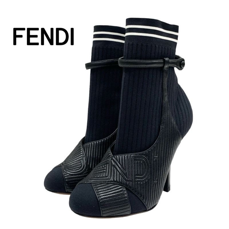 Fendi Rococo Boots Short Shoes Fabric Leather Black White Logo Sock