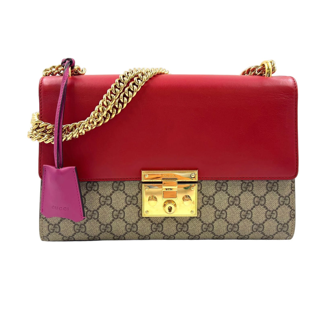 Gucci Padlock GG Guccissima Leather Beige Red Chain Shoulder Bag Gold