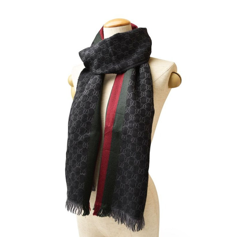 Gucci Muffler Winter Scarf Wool Silk GG Pattern Webbing Line Shawl — view 8