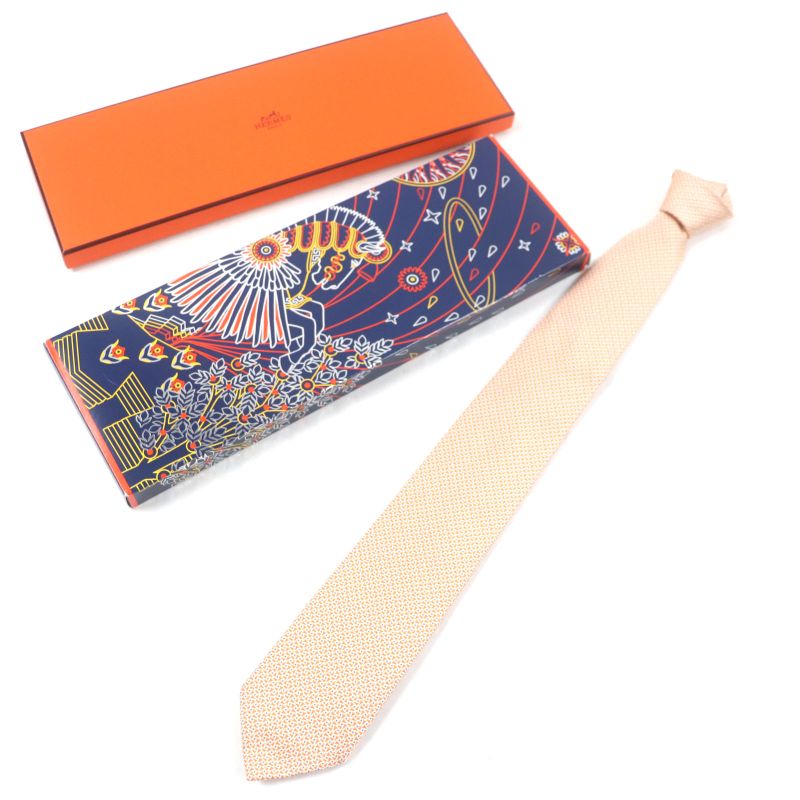 Hermes T 100% Silk All-over Pattern Necktie Orange Blue — view 2