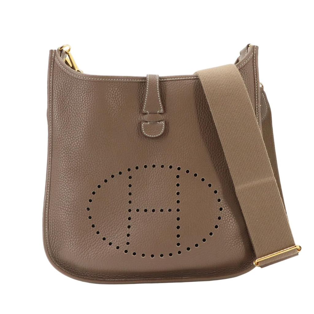 Hermes Evelyne 3 PM Shoulder Bag Taurillon Clemence Etoupe Gold