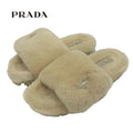 Prada Flat Sandals Shoes Sheep Fur Beige Mules Logo Plate