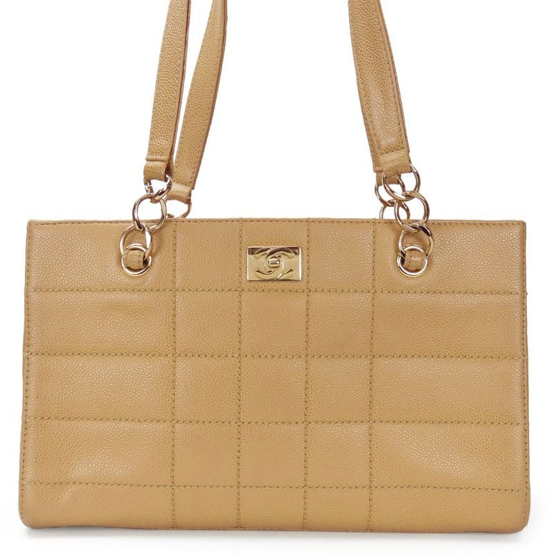 Chanel Shoulder Bag Coco Caviar Leather Beige Gold Hardware 7 th Chain