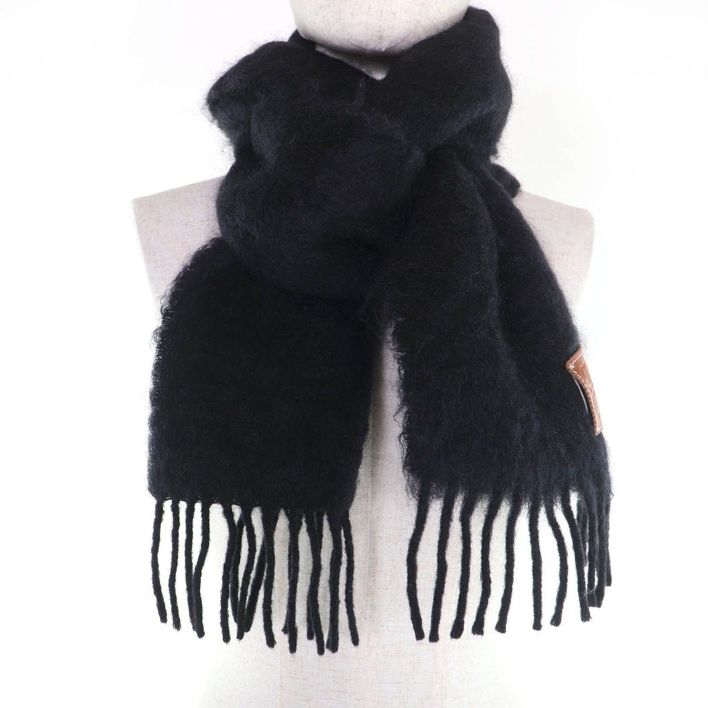 Loewe Mohair Wool Anagram Leather Patch with Fringe Scarf Black — view 3