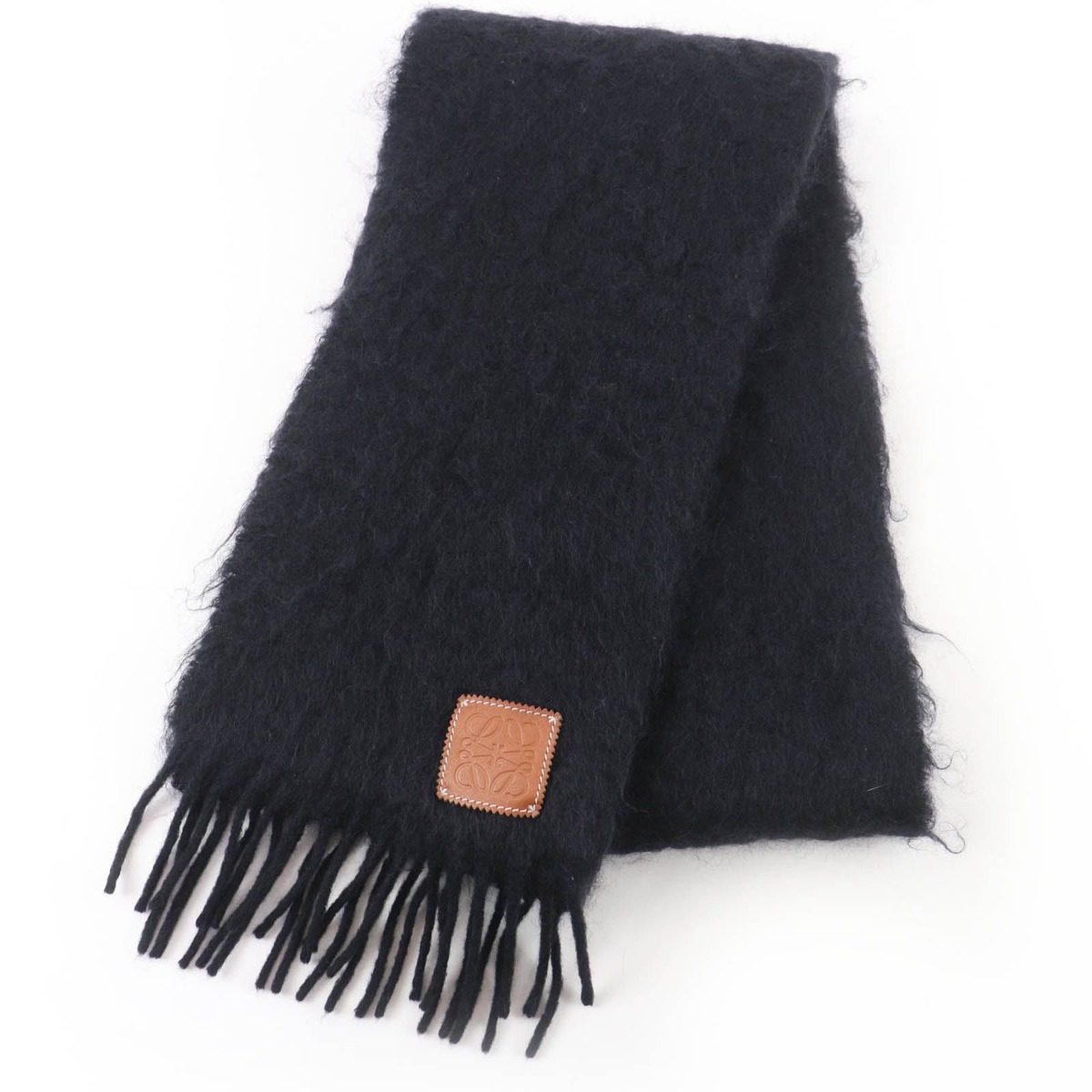 Loewe Mohair Wool Anagram Leather Patch with Fringe Scarf Black