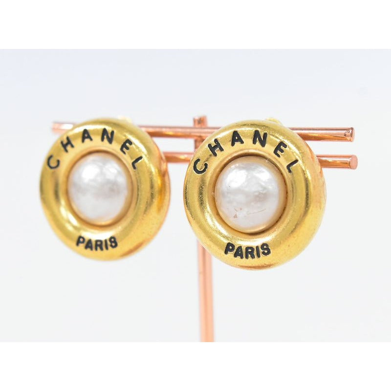 Chanel Logo Faux Pearl Earrings GP Gold Plated White Accessories — view 7