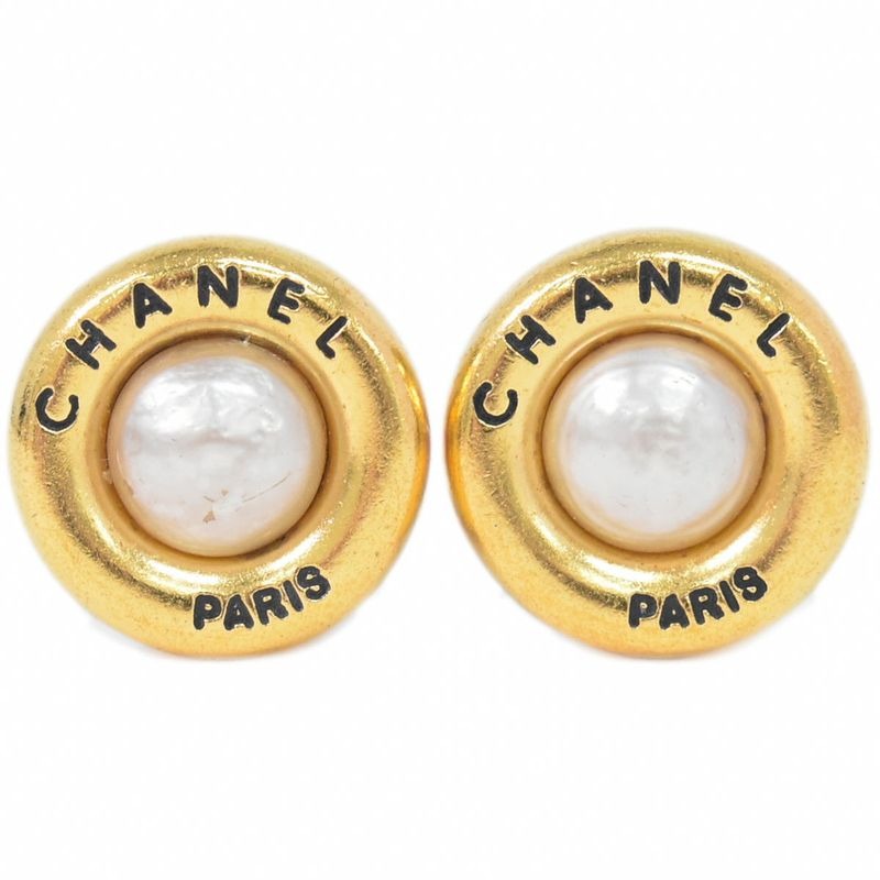 Chanel Logo Faux Pearl Earrings GP Gold Plated White Accessories