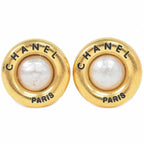 Chanel Logo Faux Pearl Earrings GP Gold Plated White Accessories