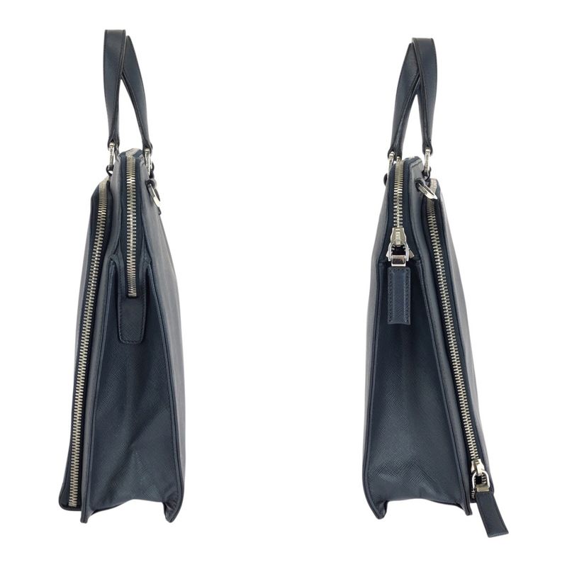 Prada Saffiano Triangle Logo Plate Navy Silver Hardware Leather Business Bag — view 8