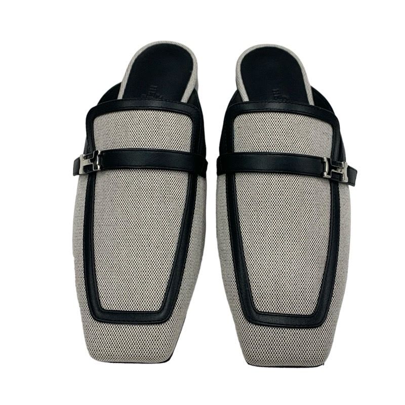 Hermes Groupie Flat Shoes Canvas Leather Black Mule Slipper Sandals — view 2