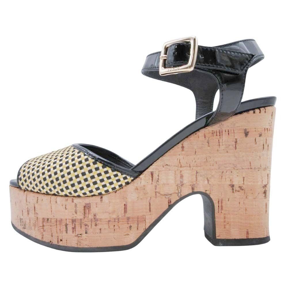 Fendi Frendi Cork Sole Thick Strap Sandals Shoes Enamel 35.5 Black Beige