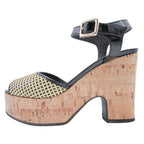 Fendi Frendi Cork Sole Thick Strap Sandals Shoes Enamel 35.5 Black Beige