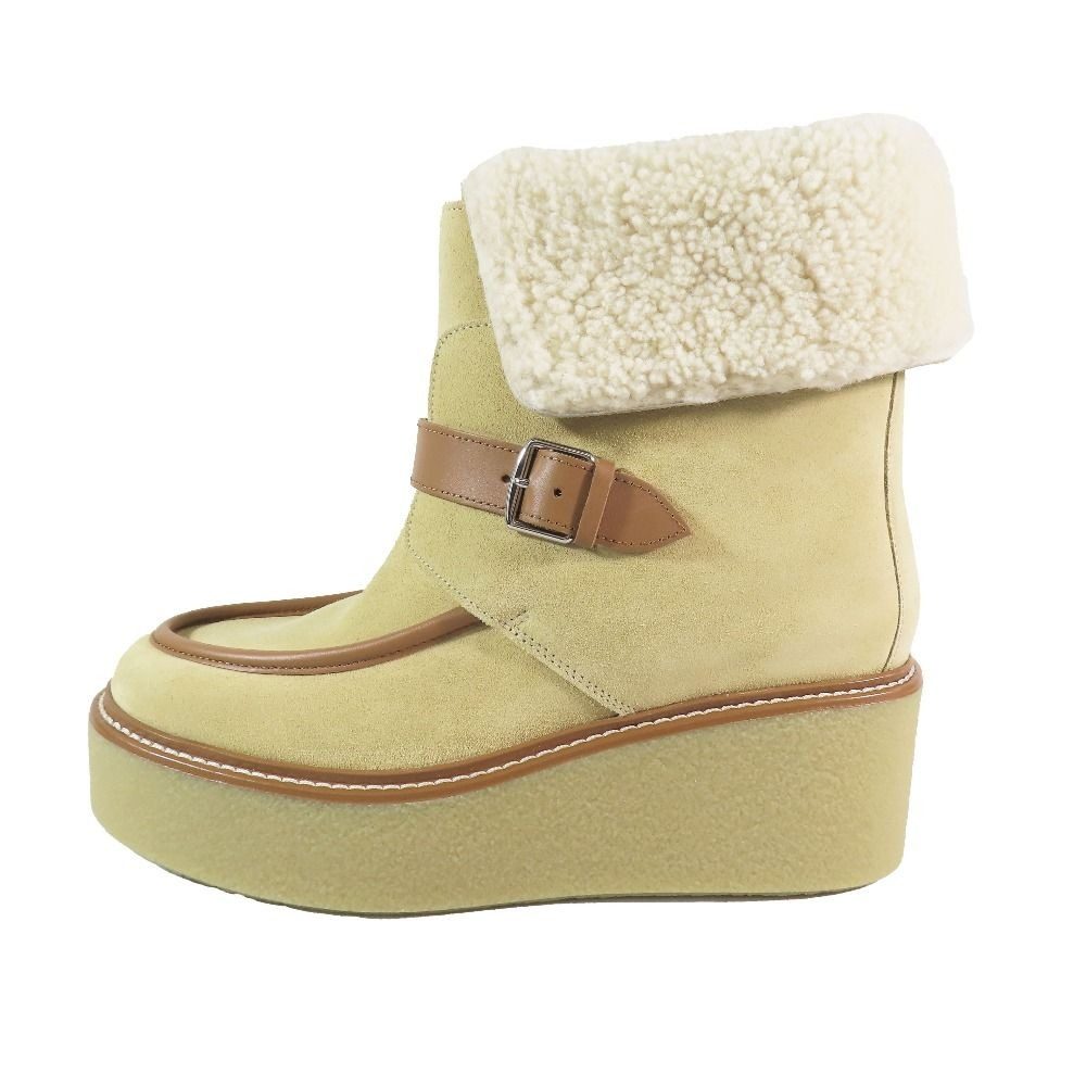 Hermes Suede Leather Shearling Short Boots Platform Belt Shoes Beige