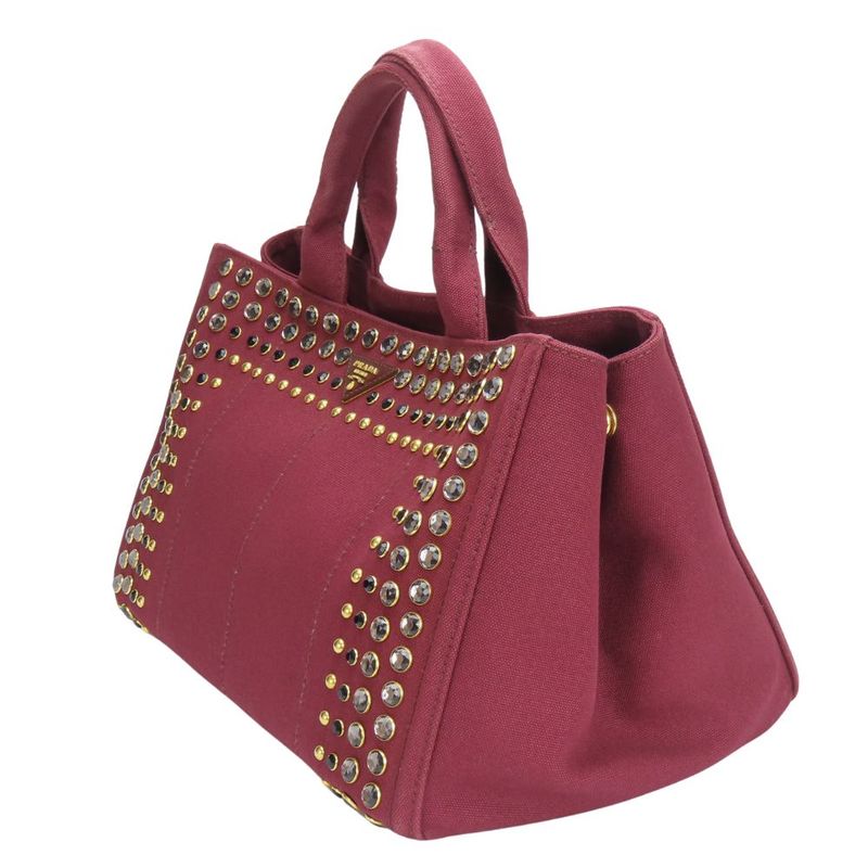 Prada Tote Bag Canapa B2642 O Studded Canvas Amaranto Wine Red Gold Hardware — view 2