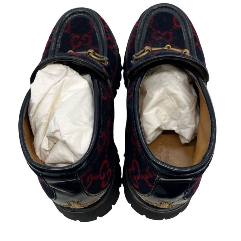 Gucci Boots Wool Horsebit Loafers 6 1 2 Navy Red GG Pattern Thick 2704 — view 6