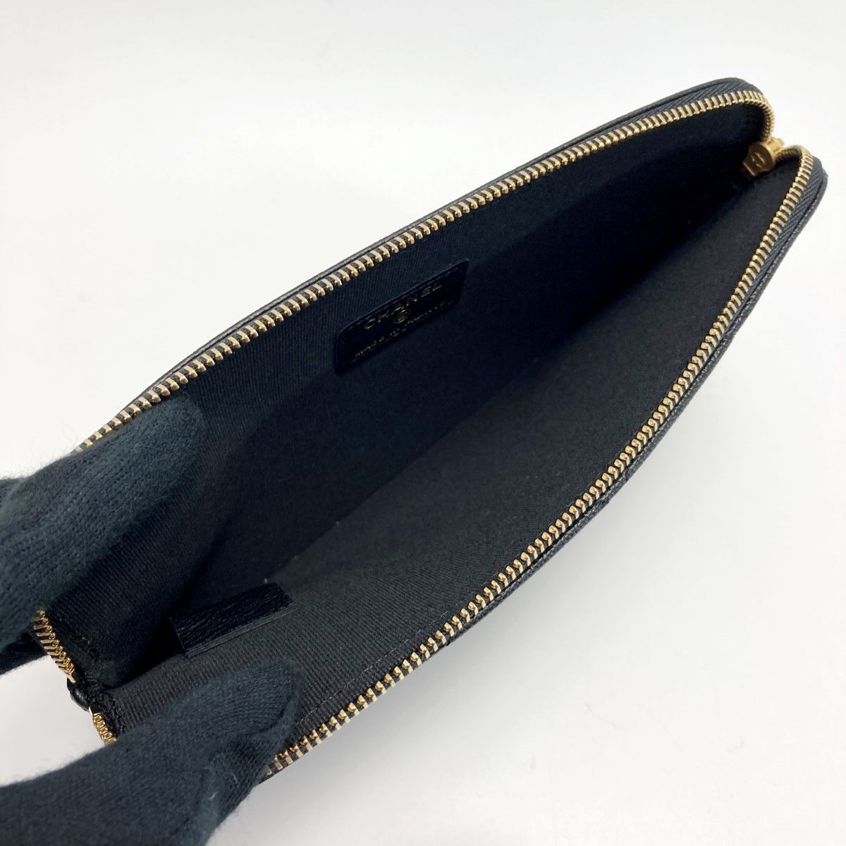 Chanel Coco Mark Quilted Pouch Black Caviar Leather Charm Clutch Bag — view 3