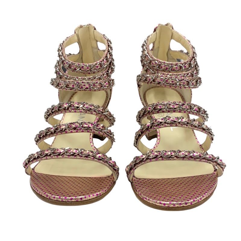 Chanel Sandals Shoes Leather Pink Silver Coco Mark Chain Dot Metallic — view 2