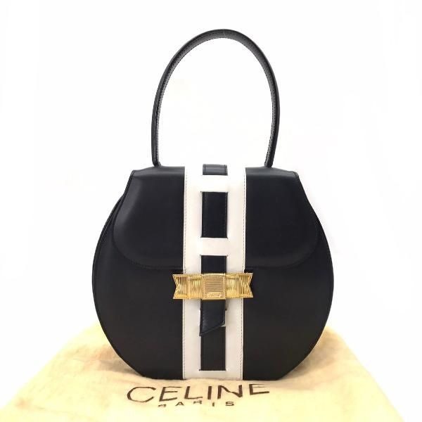 Celine Leather Ribbon Hand Bag Navy Gold