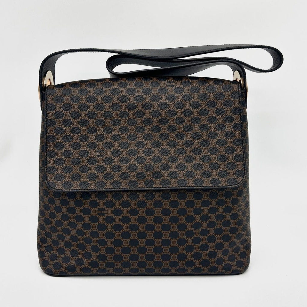 Celine Macadam Blason Pattern Circle Logo Leather Shoulder Bag Tote Black