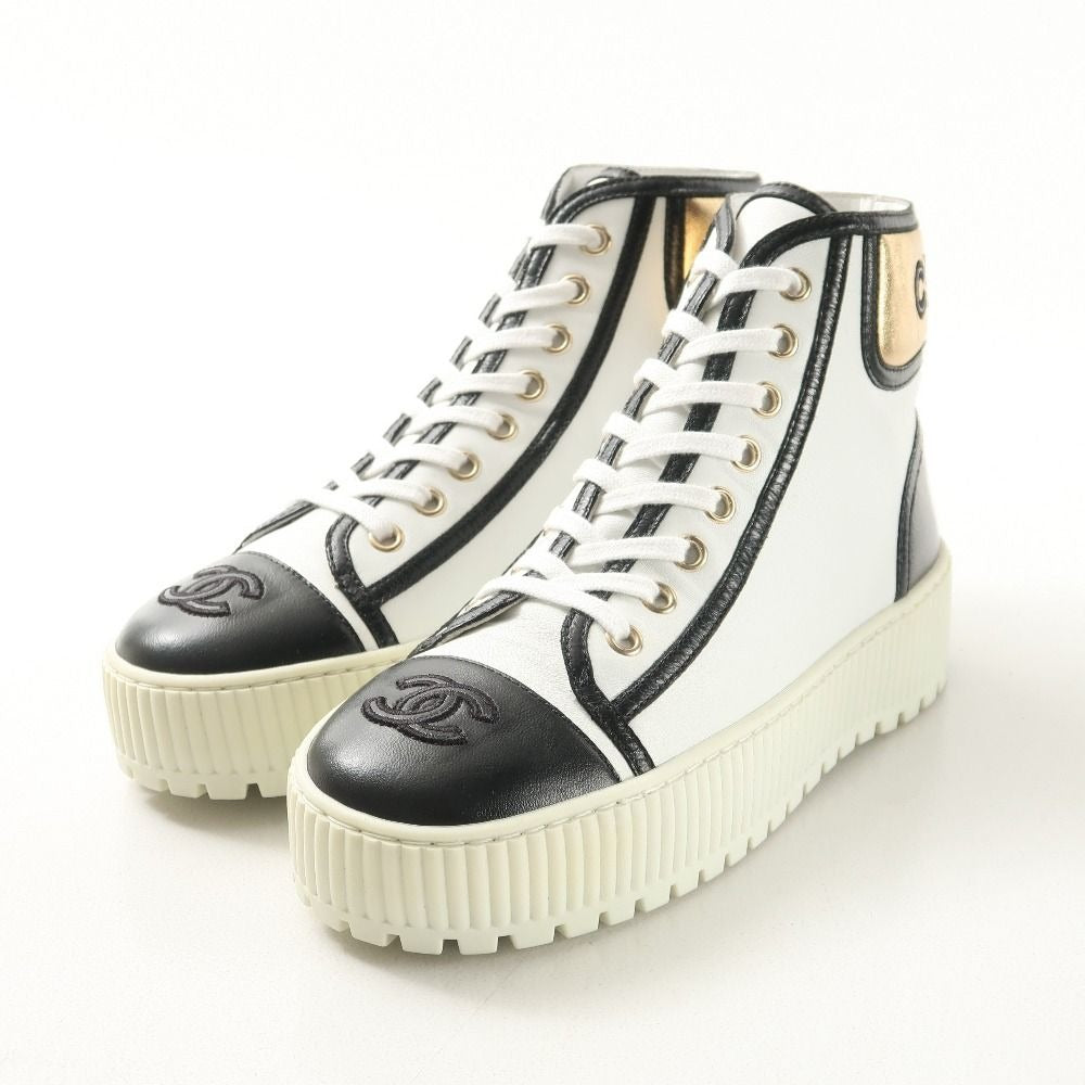 Chanel Sneakers 35 C CC Logo High Cut Leather Shoes White Black