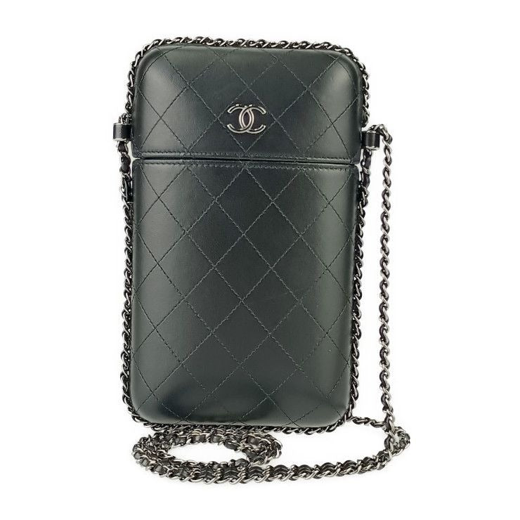 Chanel Shoulder Bag Chain Phone Holder Black Silver Hardware Lambskin