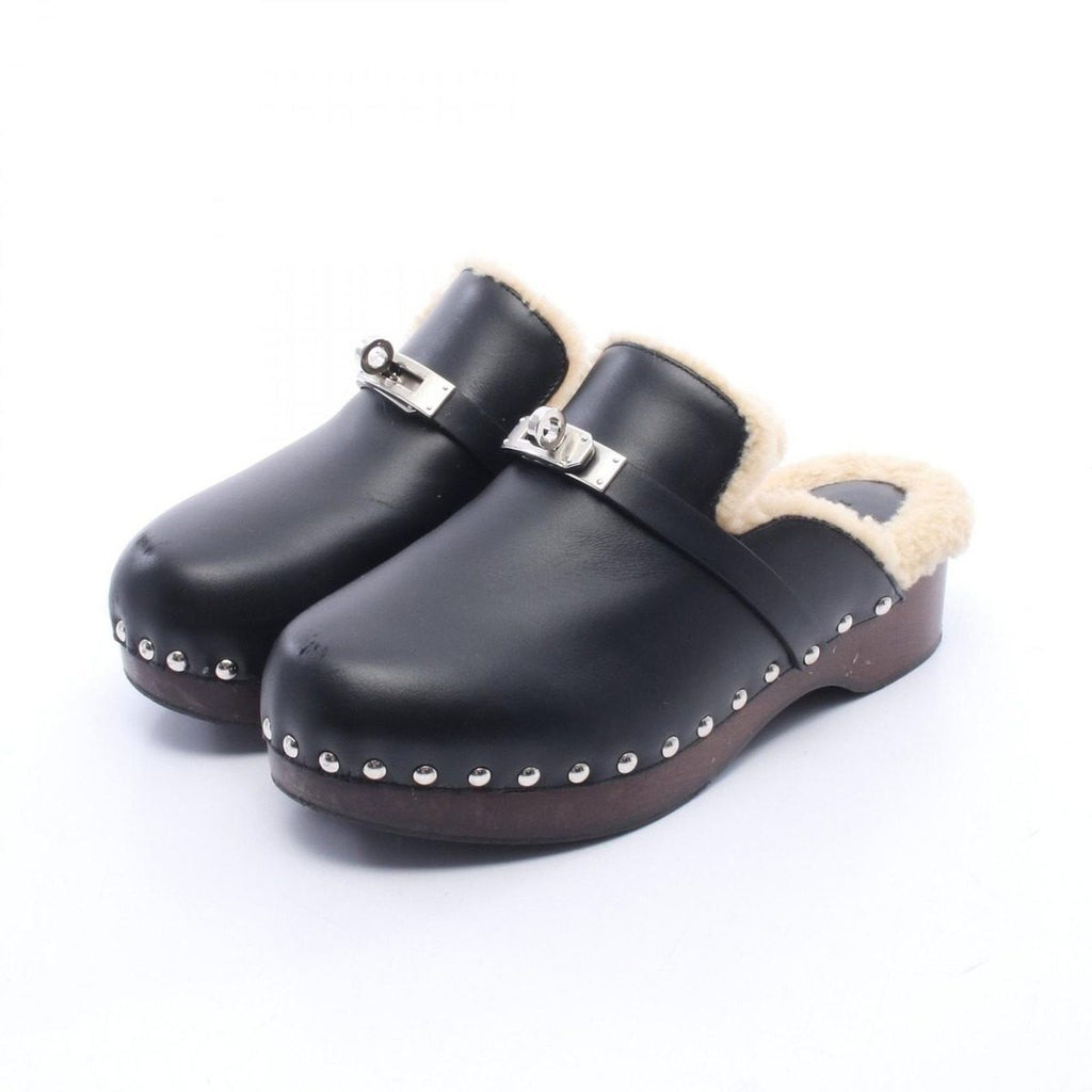Hermes Sandals Carlotta Kelly Buckle Sabot Black Leather Mouton