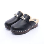 Hermes Sandals Carlotta Kelly Buckle Sabot Black Leather Mouton