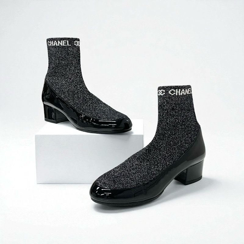 Chanel Boots Short Shoes Patent Fabric Black Silver Coco Mark Lame Sock