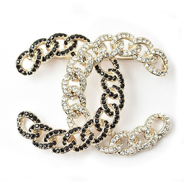 Chanel Brooch Pin Rhinestone Gold Black
