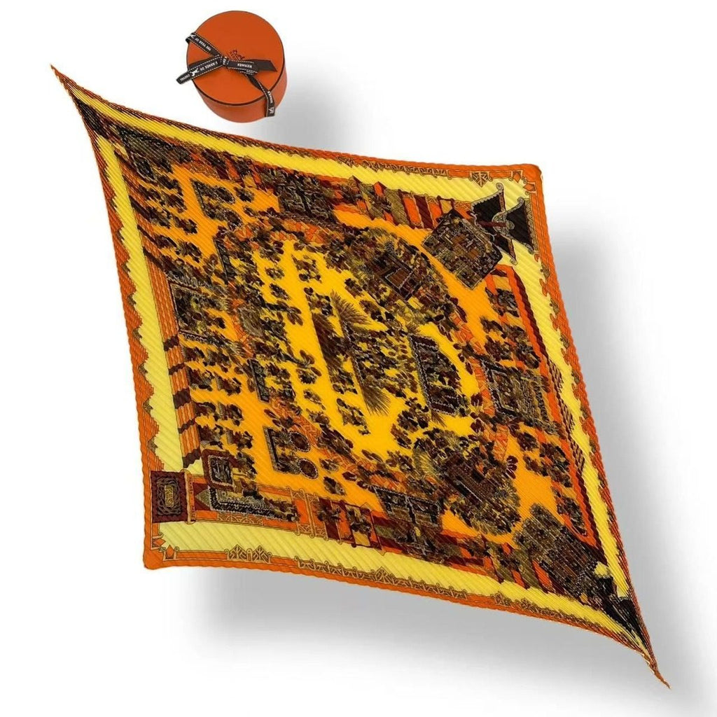 Hermes Pleated Scarf Silk Astres Et Soleils Celestial Bodies and Sun Yellow