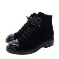 Chanel Lace Up Combat Boots Velvet CC Logo 37C Black