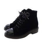 Chanel Lace Up Combat Boots Velvet CC Logo 37C Black