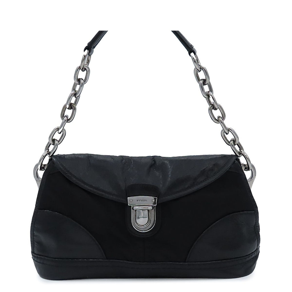 Prada Chain Shoulder Bag Black Silver Nylon Leather