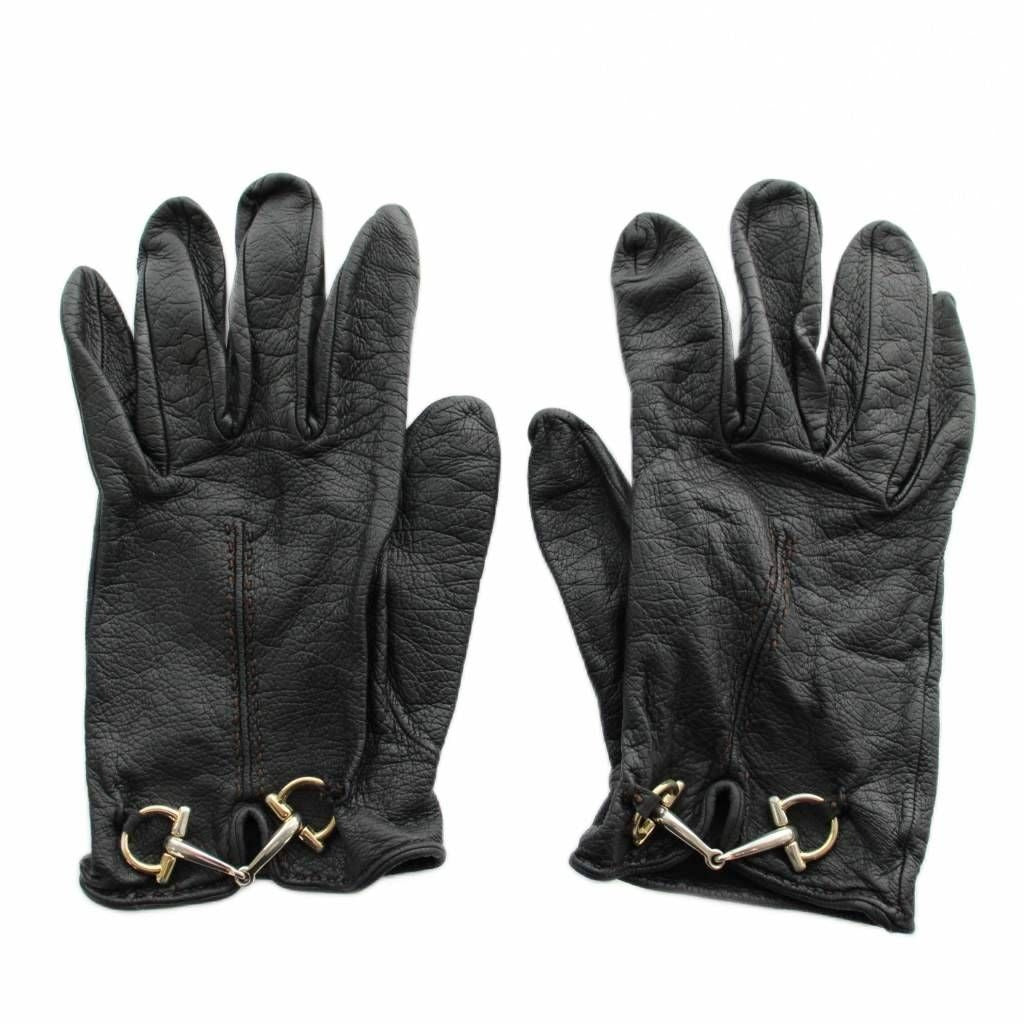 Gucci Gloves 5 Fingers Leather Horsebit Gold Black