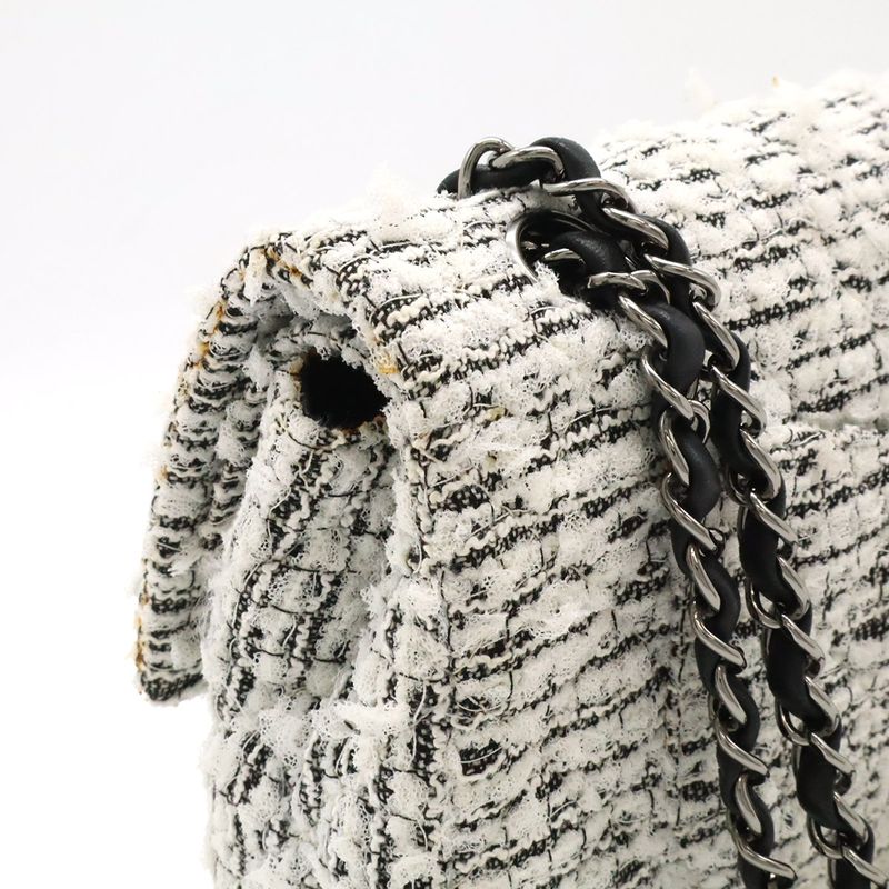 Chanel 255 Tweed Double Flap Chain Bag Shoulder Flower Motif Leather White Black — view 5